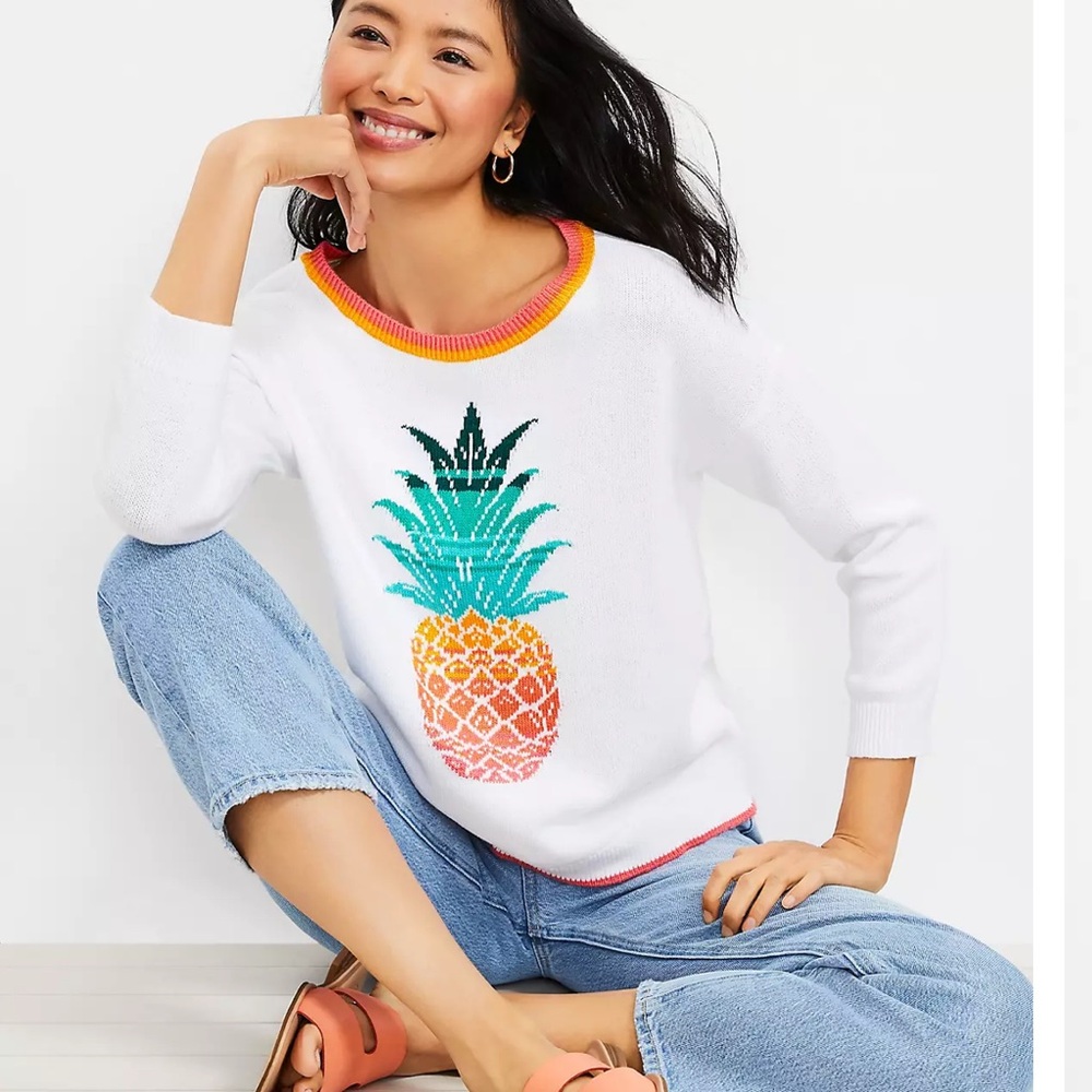 Loft White Knit Sweater with Pineapple Design